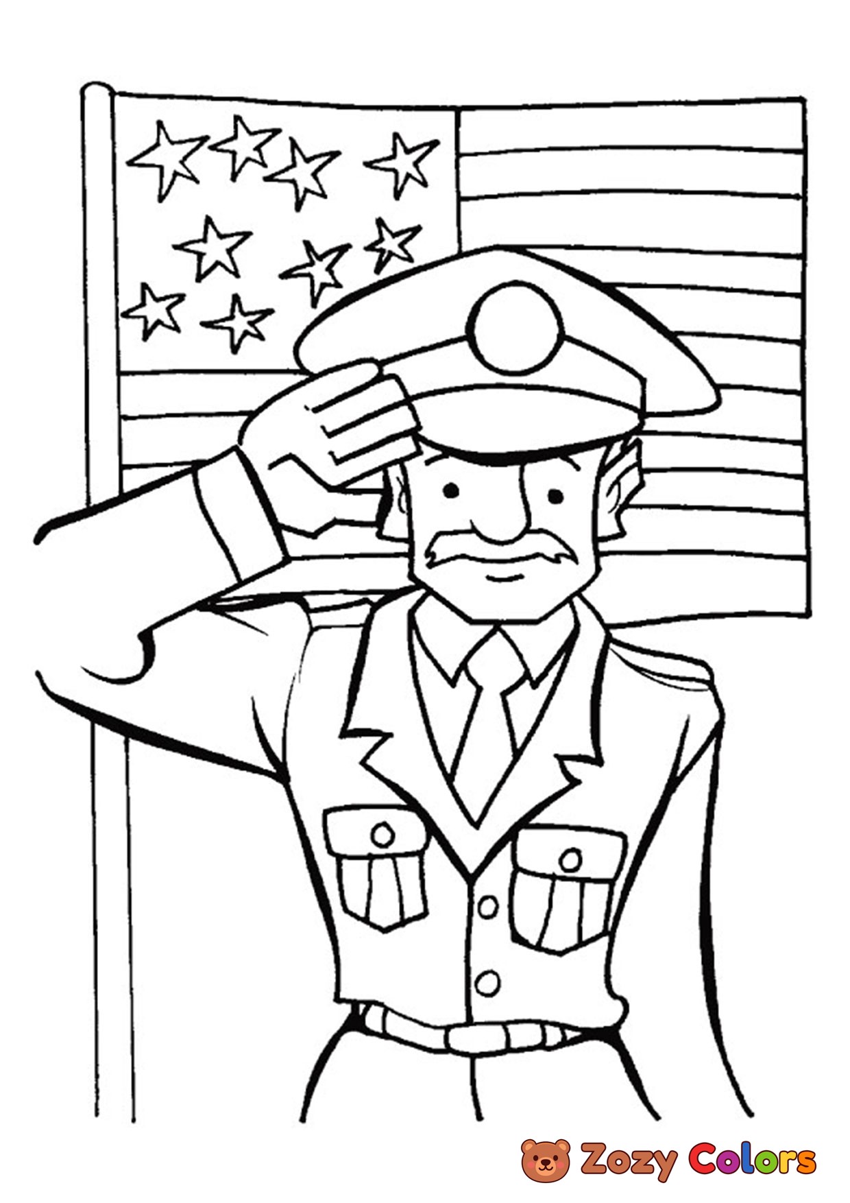 Free Veteran saluting in front of flag coloring page