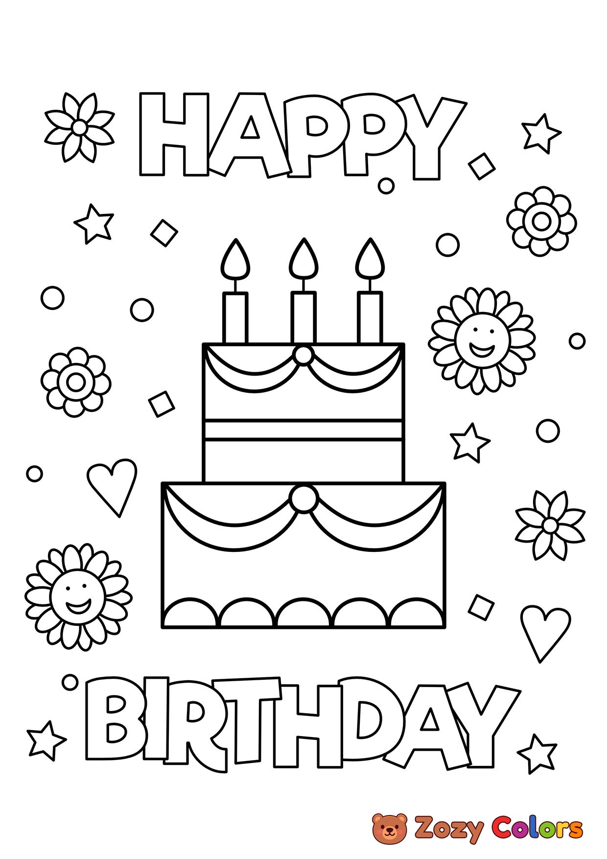 Free Happy birthday cake with flowers coloring page