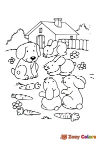 Dog with rabbits