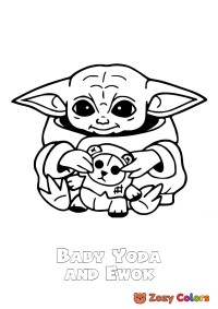 Baby Yoda holding an Ewok