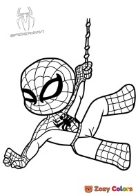 Cute little Spiderman hanging on a web