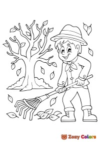 Boy raking autumn leaves