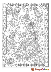Peacock in flowers coloring page for adults