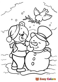 Teddy bear building a snowman
