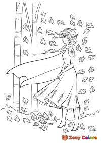 Elsa in the wind with leaves
