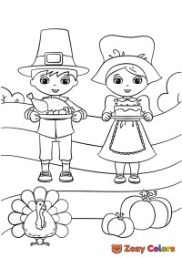 Thanksgiving pilgrim boy and girl with food