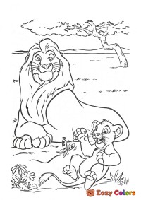 Simba playing and Mufasa watching him