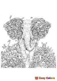 Elephant and animals coloring page for adults