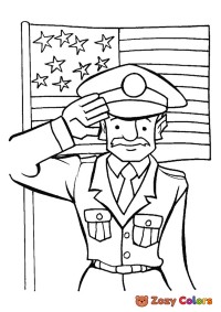 Veteran saluting in front of flag