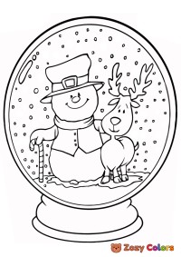 Snowman and raindeer in snow globe