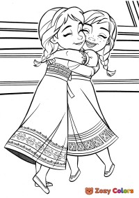 Young Elsa hugging Anna